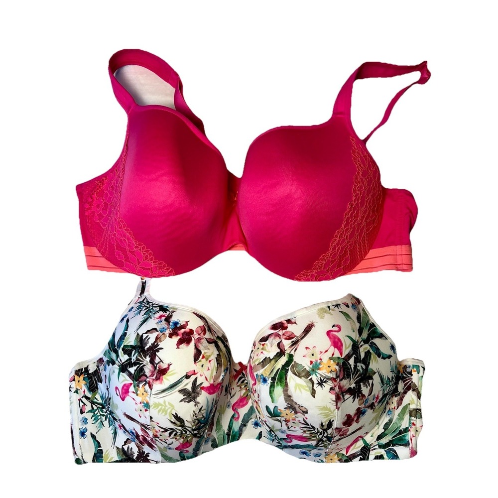Cacique Bra Set Of 2 Womens 44D  Pink Lace And‎ Flamingo Print Underwire Padded